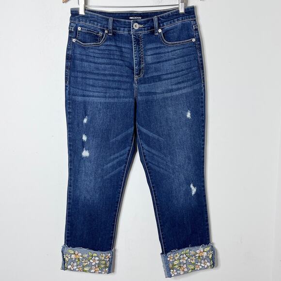 INC Women's Jeans 12/31 Embroidered-Cuff Cropped Dark Wash High Rise Distressed - Picture 3 of 11